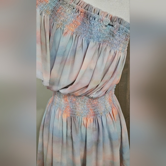 SKYLAR + MADISON Pastel Watercolor Chiffon One Shoulder Mini Dress. Blue/pink. M - Picture 13 of 14